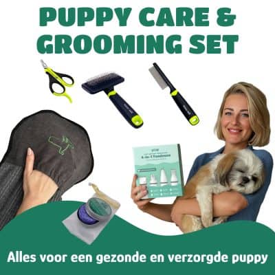 Puppy verzorgingsset met kam, schaar en verzorgingsproducten.