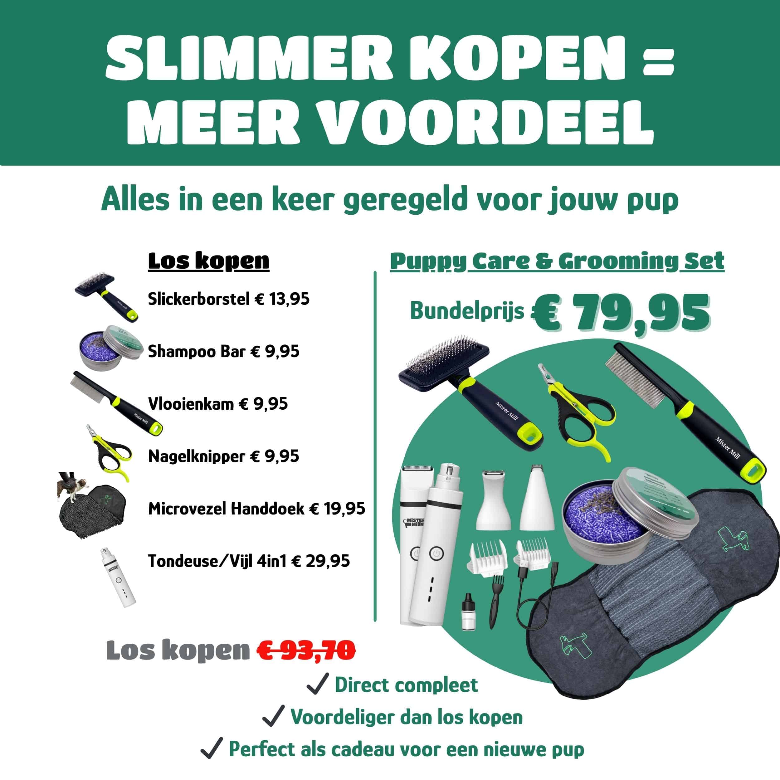 Puppy verzorgings- en trimset voor jonge honden, inclusief tools en accessoires.