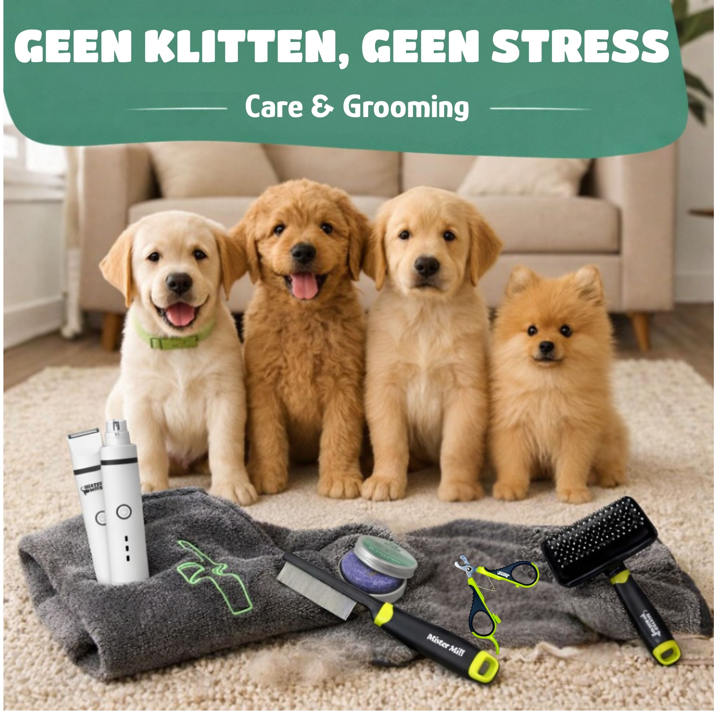 Hondentrimsalon en verzorgingsproducten voor huisdieren op een tapijt.