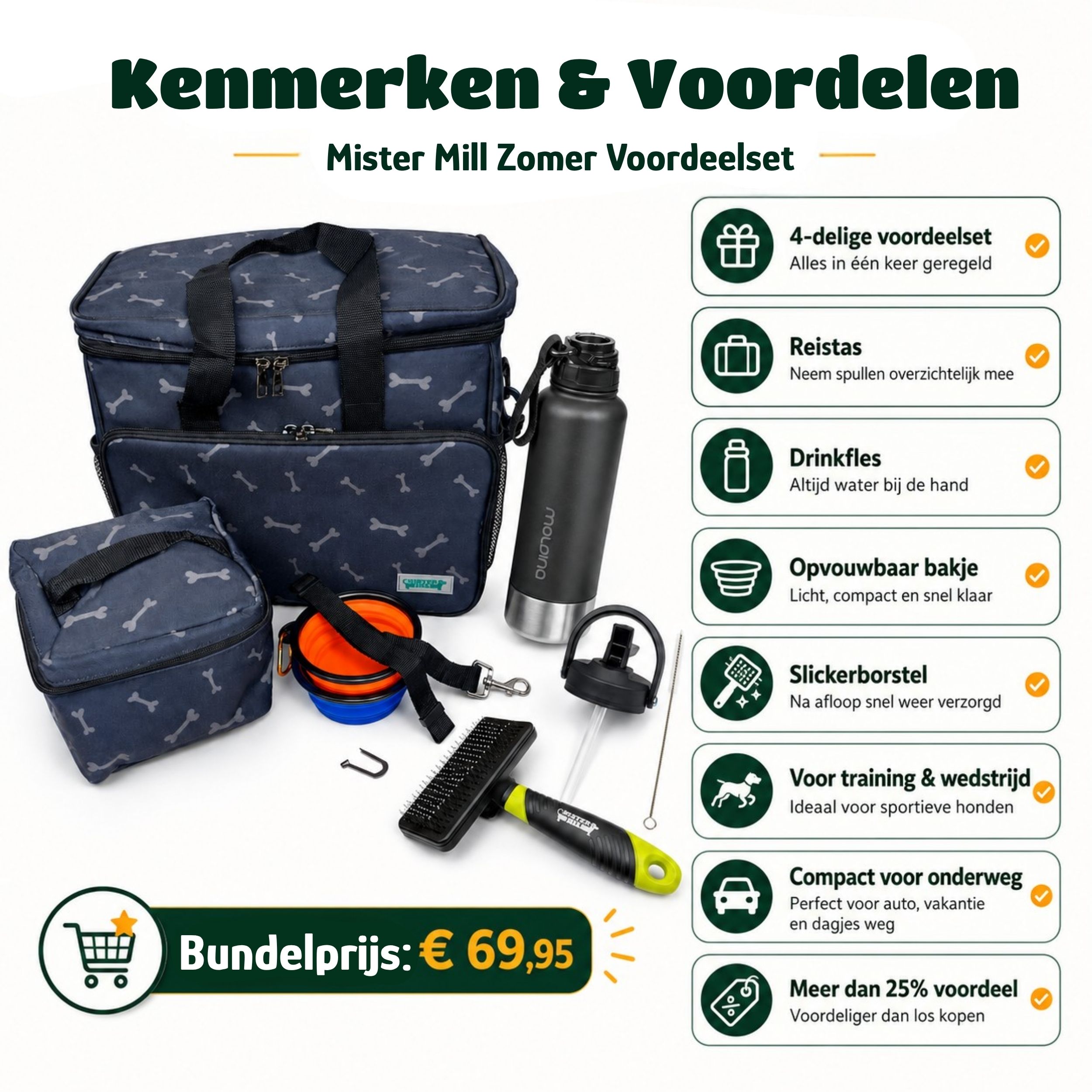 Mister Mill Voordeel Set Tas met drinkfles slickerborstel en voerbakjes Kenmerken en voordelen