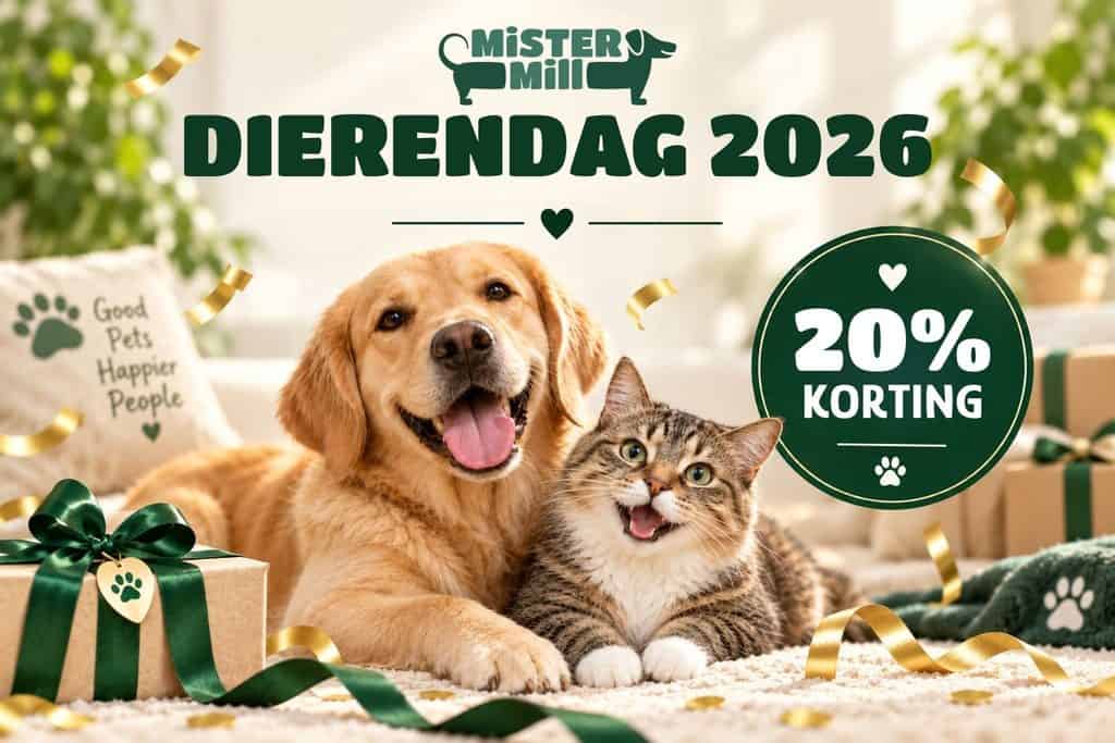 Dierenliefde voor Dierendag 2026 met hond en kat en 20% korting.
